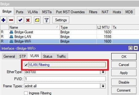 Настройка VLAN в CAPsMAN, активация VLAN на бридже Bridge-WiFi на MikroTik-1